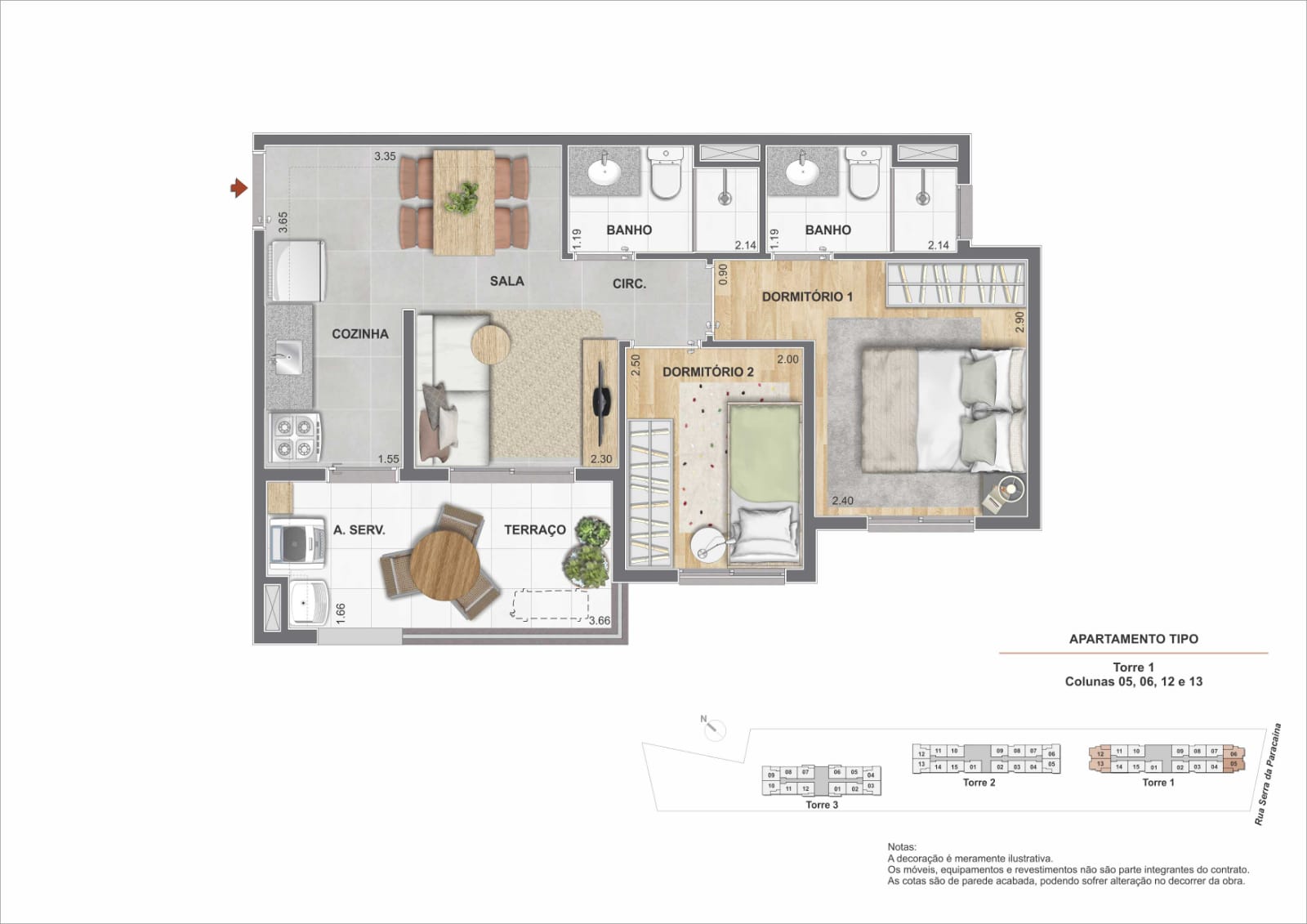 Unidade 44m² com suíte, varanda e vaga