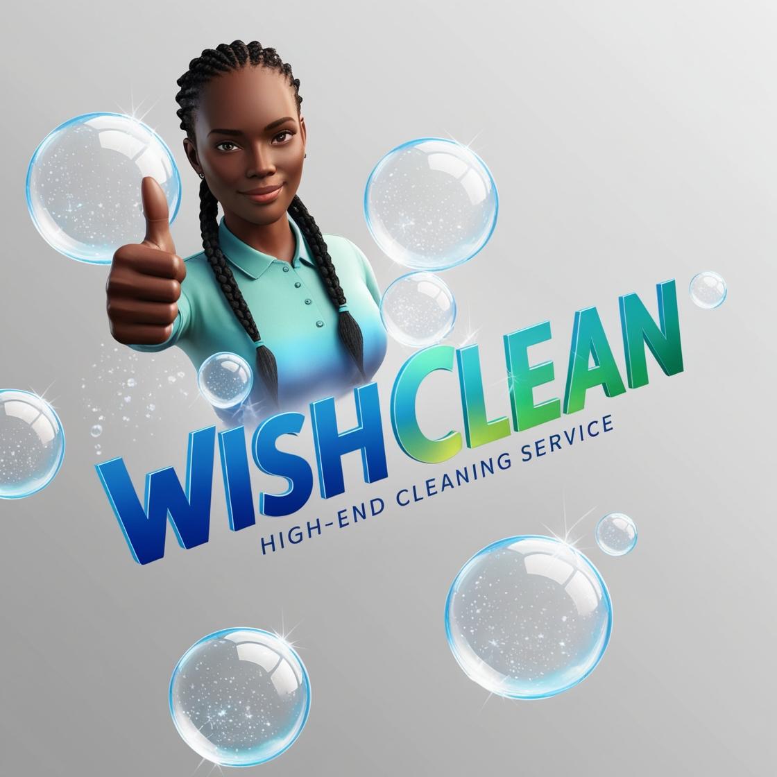 _Modern, premium logo for 'Wish Clean,' a high-end cleaning service brand. A beautiful, realistic dark-skinned genie with black braided hair, giving a thumbs-up gesture, stands as the central figure, surrounded (3)